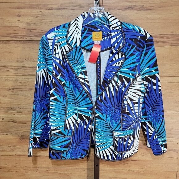 RUBY Rd Size 16 Indigo Blue Black Tropical Print Blazer. Lapel collar with zig z - Picture 1 of 6